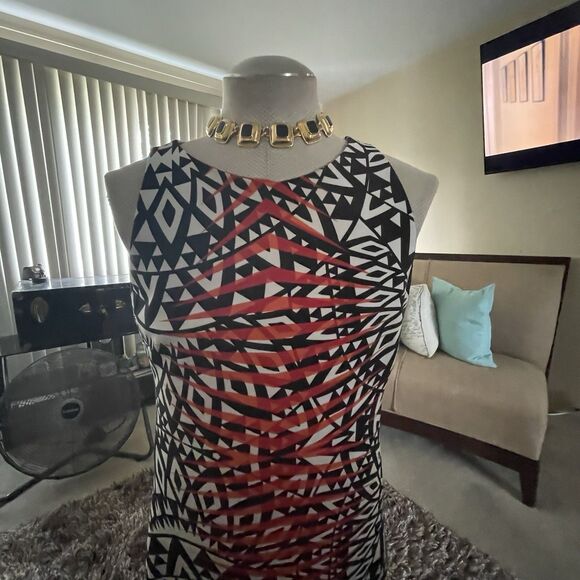 Frank Lyman BOLD Geometric Sheath Fitted Dress Black White Multi EUC Sz 12 Work - Picture 4 of 12